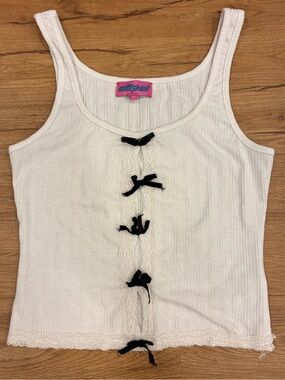 Dollhouse White Ribbed Tank with Black Bow Accents